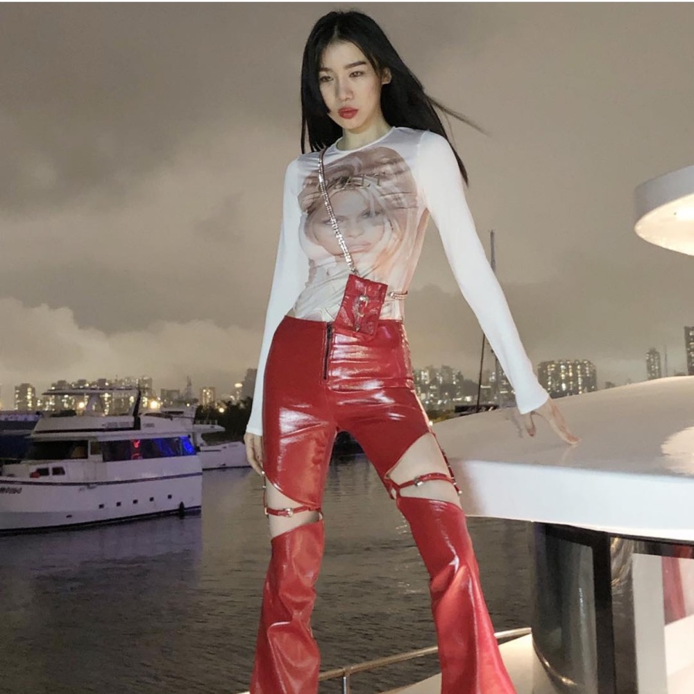 No Dress Red Patent Leather Crop Cutout Pants Set